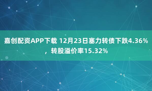 嘉创配资APP下载 12月23日塞力转债下跌4.36%，转股溢价率15.32%